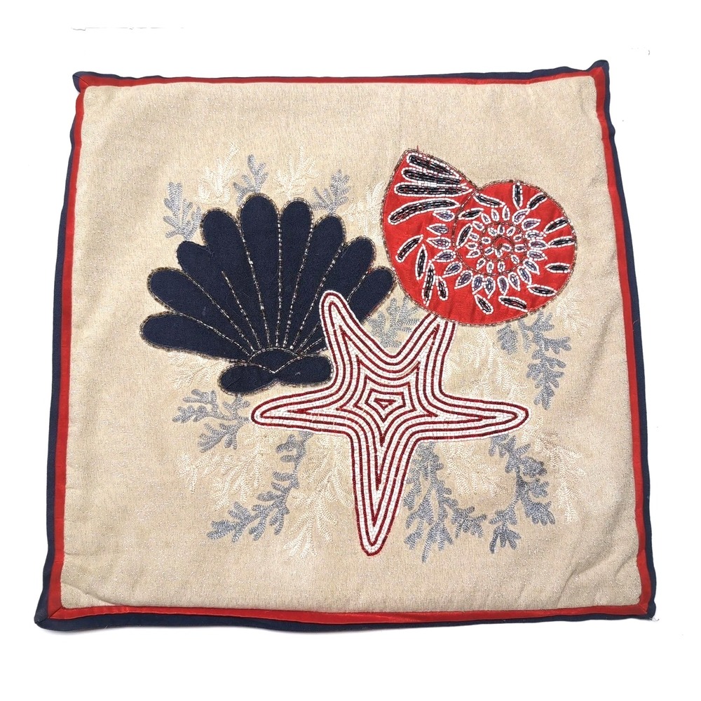 Coastal Beach Beaded Seashell Embroidered Throw Pillow Cover Square No Insert